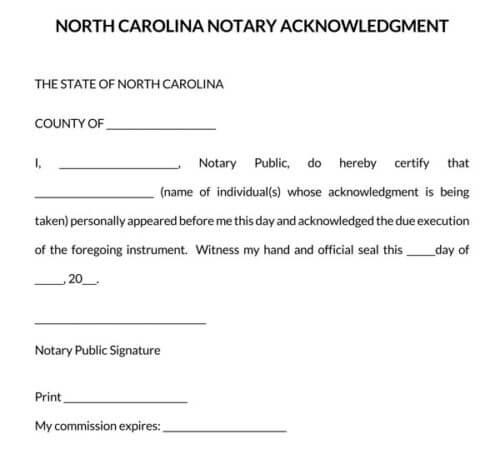 Printable Notary Acknowledgement North Carolina