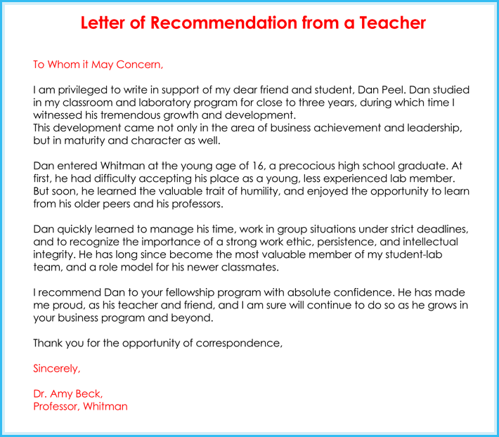 Teacher Recommendation Letter 20 Samples Fromats Writing Tips