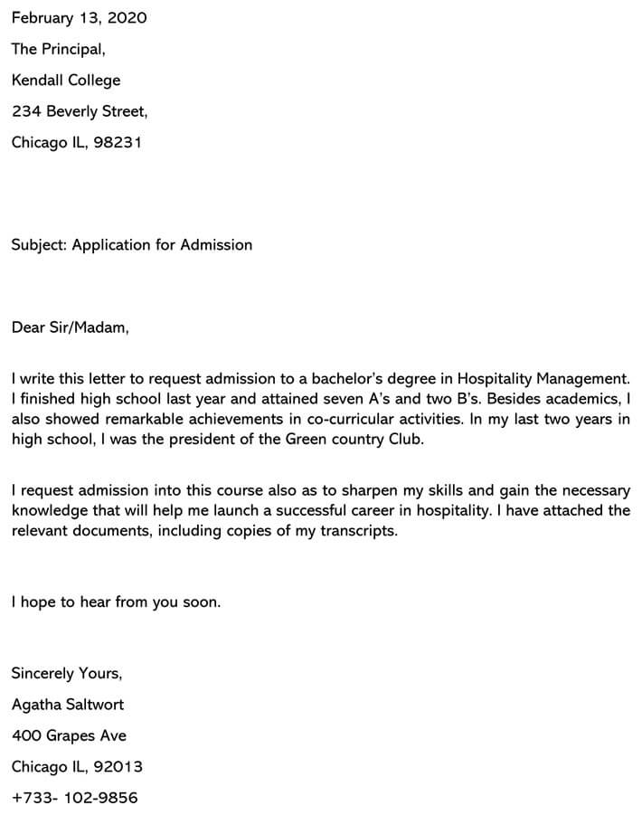 application letter to the principal for admission in school