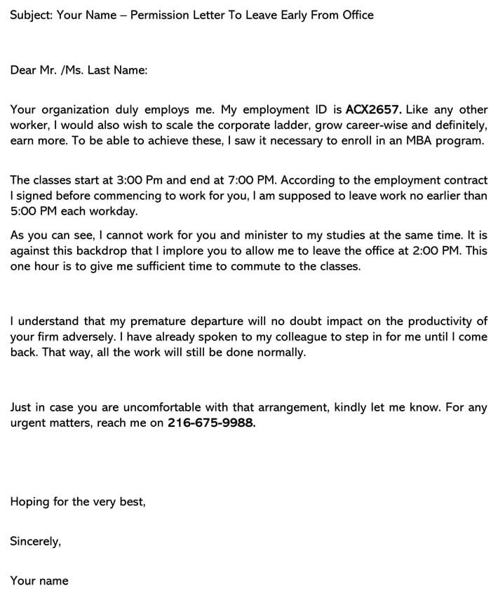 Free Printable Permission Letter To Leave Early From Office Sample 02 for Word Document