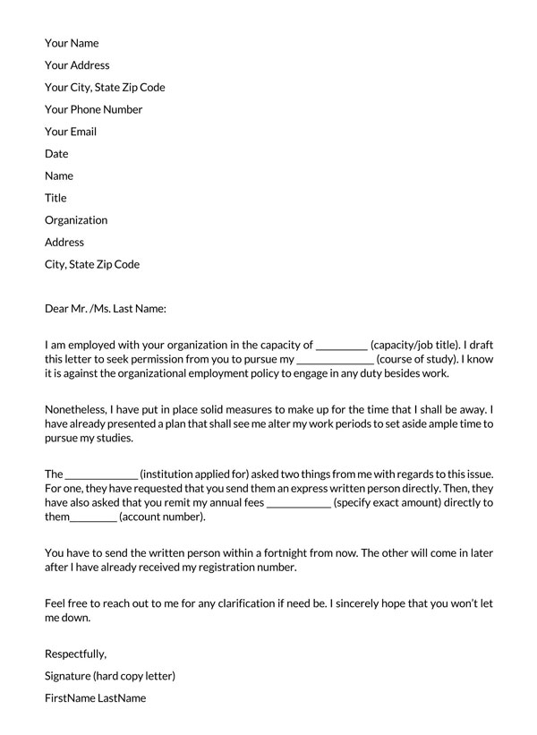 Free Downloadable Permission Letter to Study while Working Template 01 for Word Document