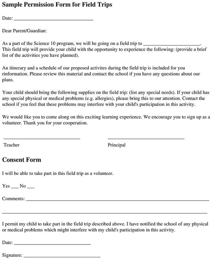 Printable Sample Permission Form for Field Trip Template for Pdf File