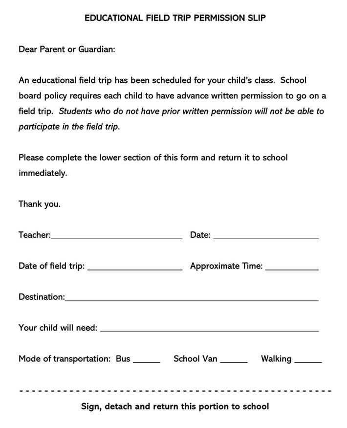 Fillable Educational Field Trip Permission Form Template for Word File