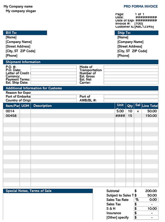 proforma invoice template in word