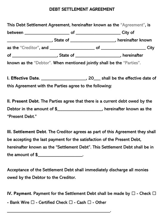 Free Debt Settlement Agreement Template 01 for Word