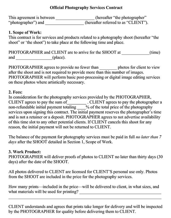 Free Photography Contract Templates Word PDF