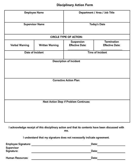 Editable Employee Disciplinary Action Form Template 07 for Word File
