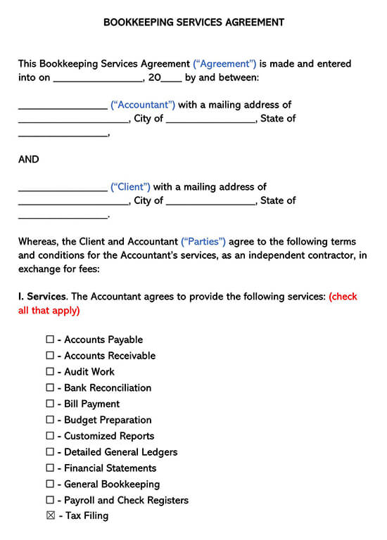 Free Editable Bookkeeping Services Agreement Template 01 in Word Format