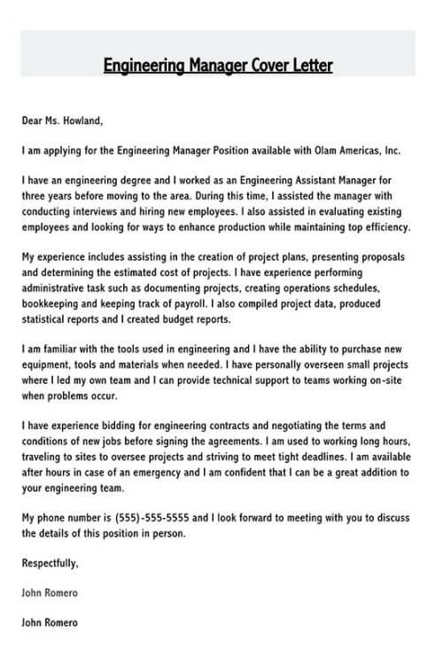 sample cover letter for an engineer