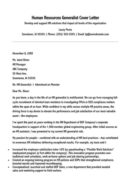 Printable Human Resources Generalist Cover Letter Sample for Word