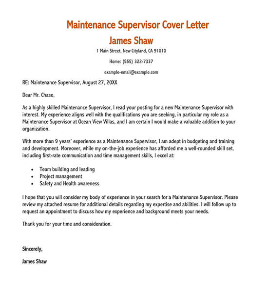 Free Maintenance Supervisor Cover Letter Sample for Word