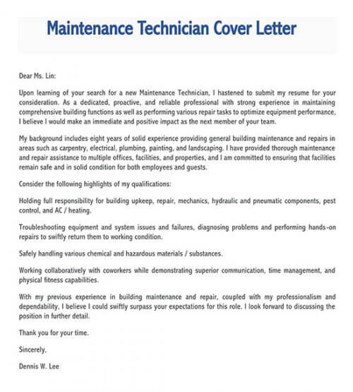 cover letter examples for technician