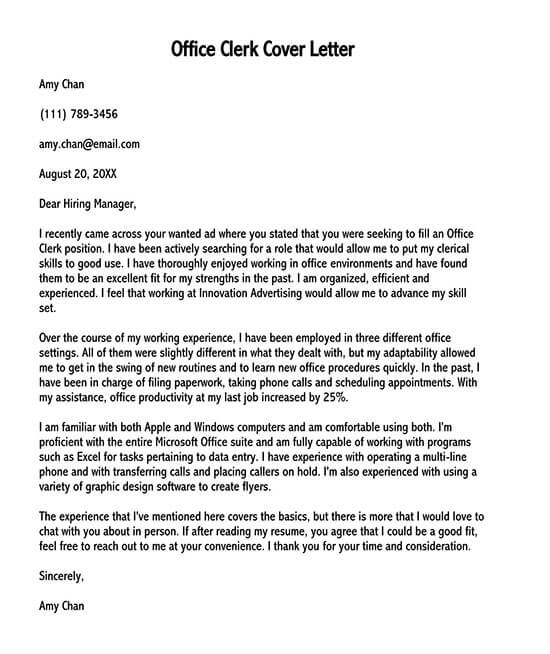 sample cover letter for general clerk