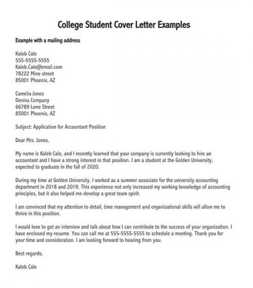 sample cover letter for a college student