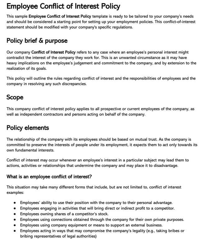 Employee Conflict Of Interest Policy Templates Word PDF