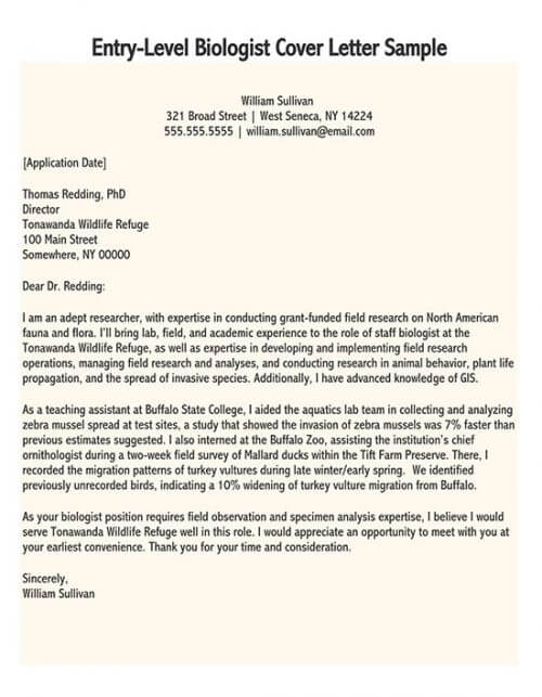 entry level biologist cover letter example