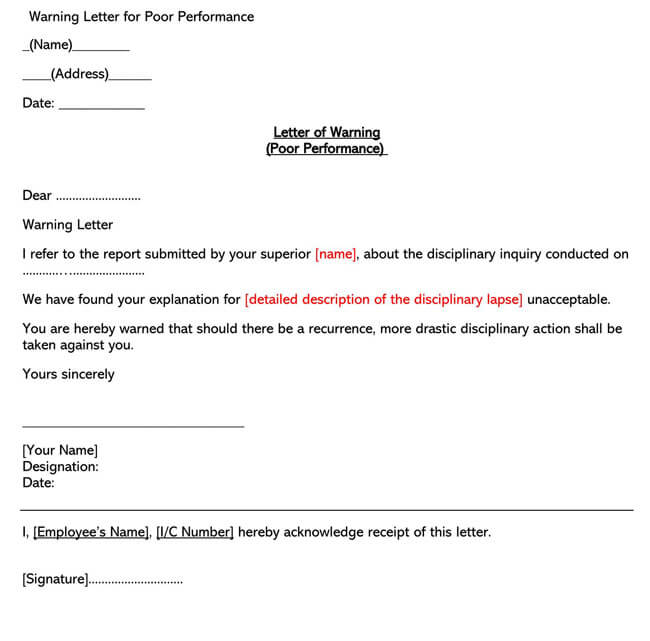 Free Customizable Poor Performance Warning Letter Template as Word Document