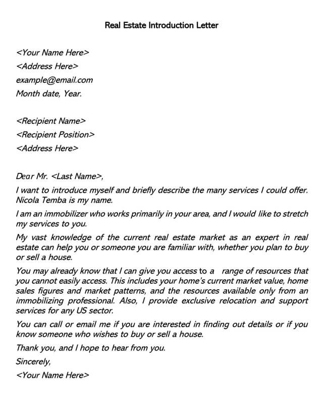 Formal Real Estate Introduction Letter Sample 04 for Word Document