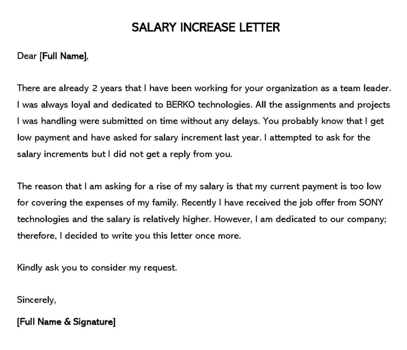 Professional Editable Team Leader Salary Increase Letter Sample 01 for Word Document
