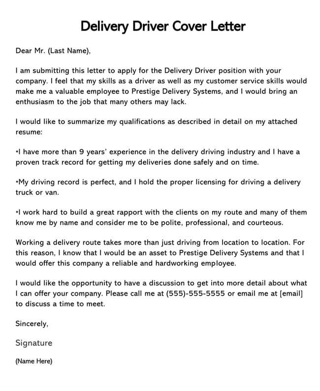 cover letter of a driver