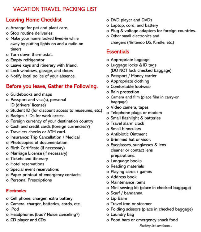 Free Printable Ultimate Travel Packing Checklist Template 02 in Word Format