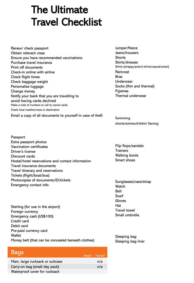 Free Printable Ultimate Travel Packing Checklist Template 12 in Word Format