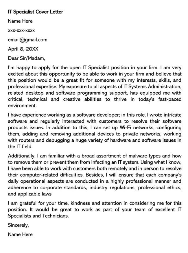 cover letter sample for job specialist