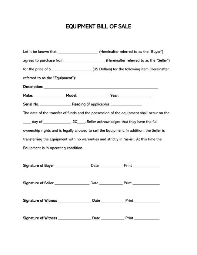 Free Printable Equipment Bill of Sale Form as Word Document