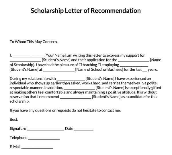 Printable Business Scholarship Reference Letter Sample for Word Format