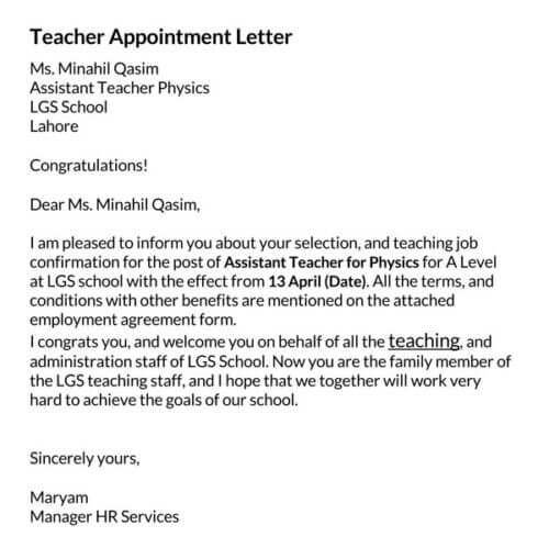 application letter for appointment of teacher