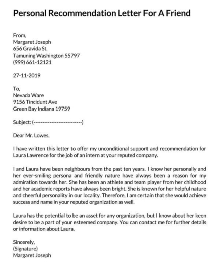Personal Recommendation Letter for Friend (21 Best Samples)