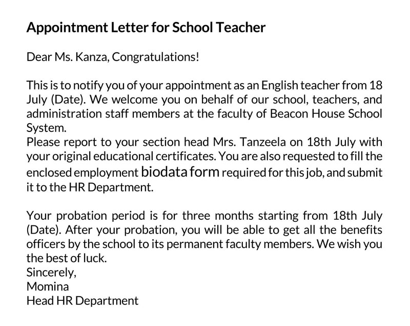 Printable School Teacher Appointment Letter Example as Word File