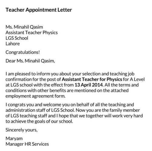 Teacher Appointment Letter 27 Samples Letters And Templates