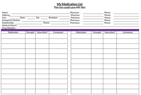 Printable Medication List Template 02 or Word File