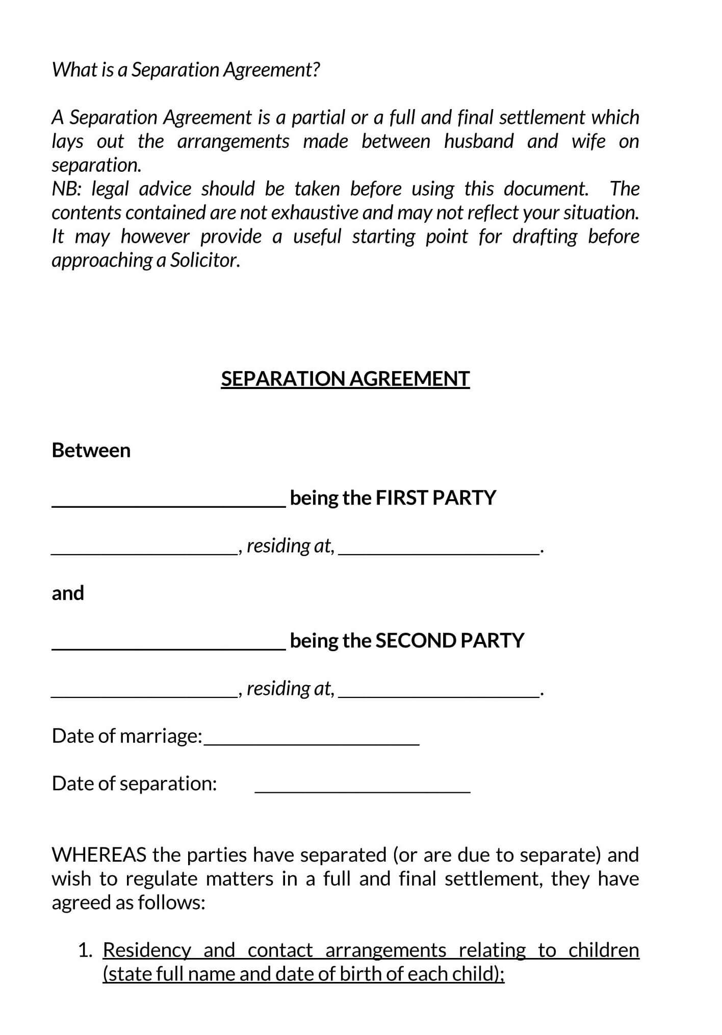 divorce agreement template uk