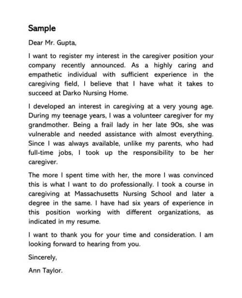 cover letter example for caregiver
