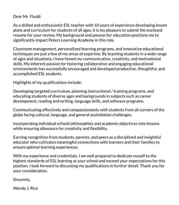 cover letter for teacher examples