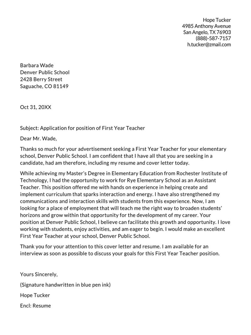 sample cover letter for teaching jobs