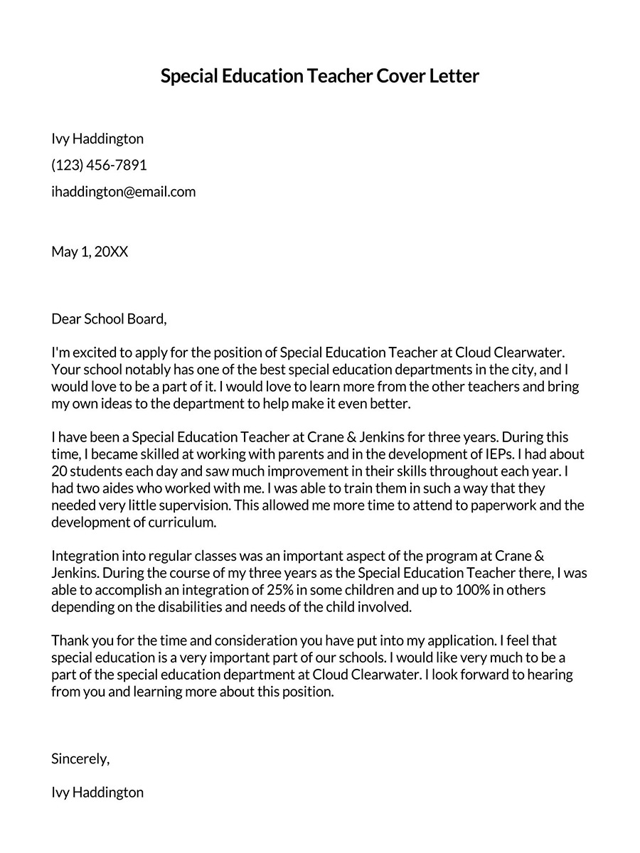 Printable Special Education Teacher Cover Letter Sample for Word File