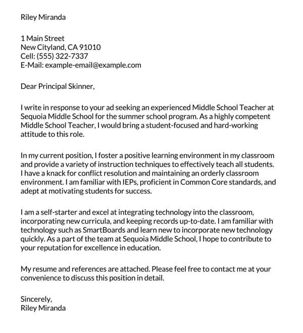 Free Summer School Teacher Cover Letter Sample for Word File