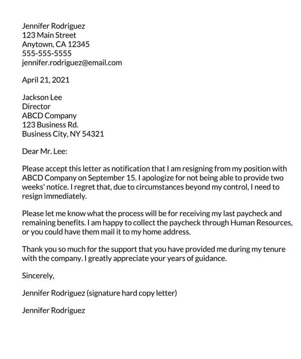 Editable No Notice Resignation Letter for Word