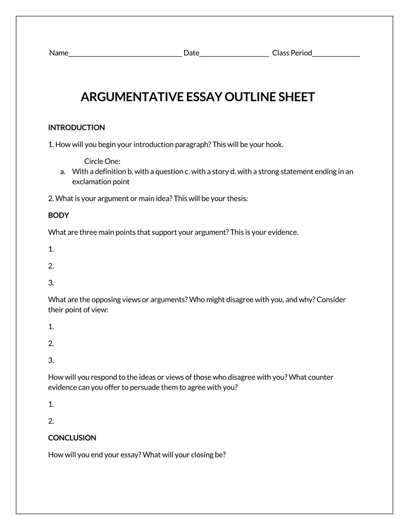 Free Printable Argumentative Essay Outline Sheet as Word File
