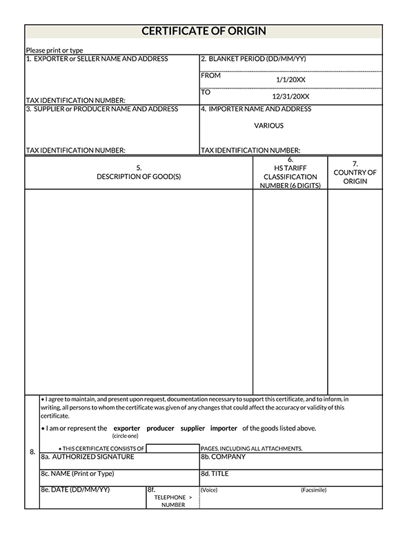 Free Printable Affidavit Certificate of Origin Template as Excel Sheet