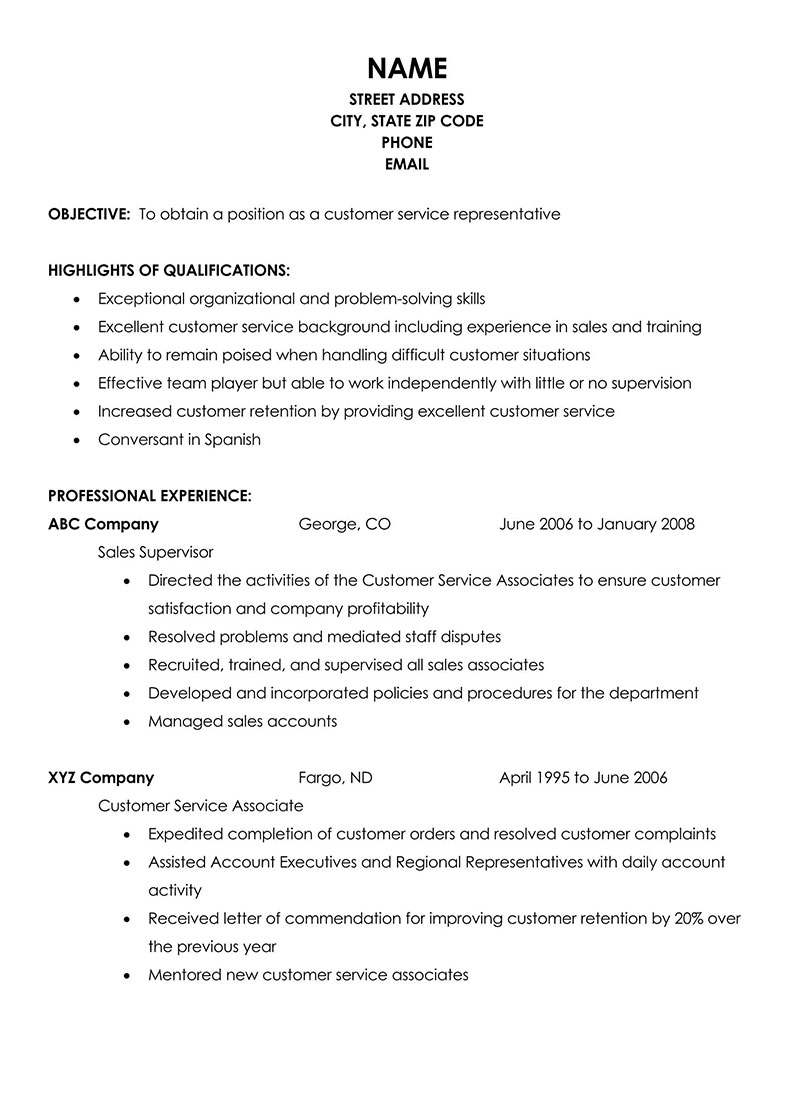 resume verbiage for customer service