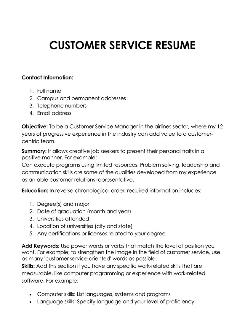 Free Downloadable Customer Service Manager Resume Sample for Word Format