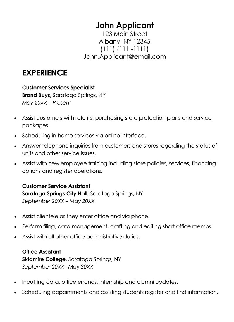 customer service examples on resume