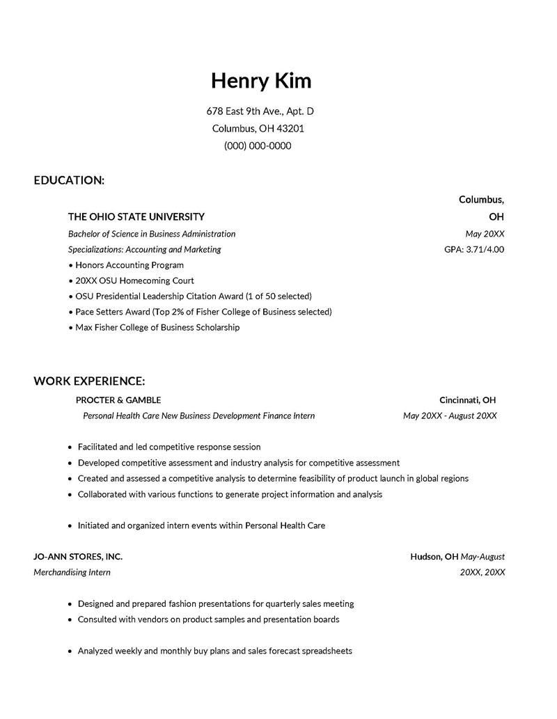 resume outline for college students