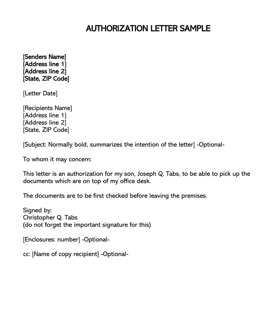 Great Editable Document Pick-up Authorization Letter Sample for Word Document