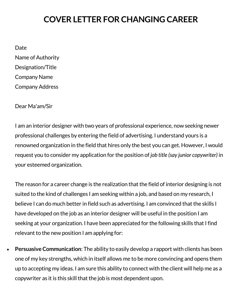 cover letter template for a career change