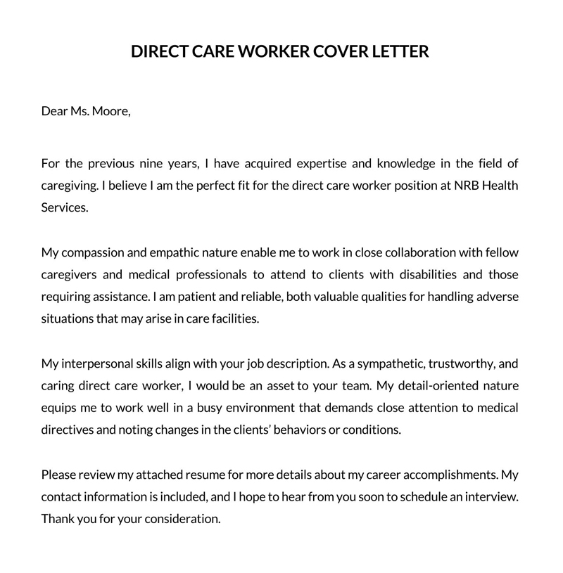 Professional Printable Direct Care Worker Cover Letter Sample for Word File